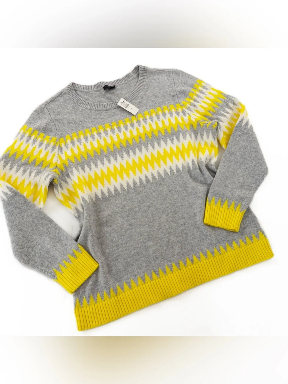 Talbots Sweater Womens 1X Yellow Gray Fair Isle Crewneck Wool Blend New